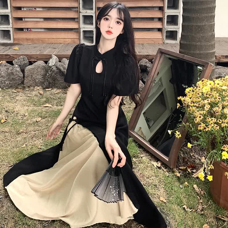 Elegant Black Buckle Split A-line Cheongsam Dress modakawa