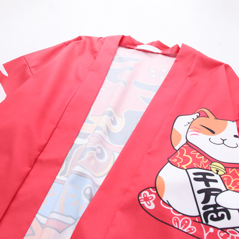 Lucky Cat Print Cardigan Kimono Outerwear modakawa