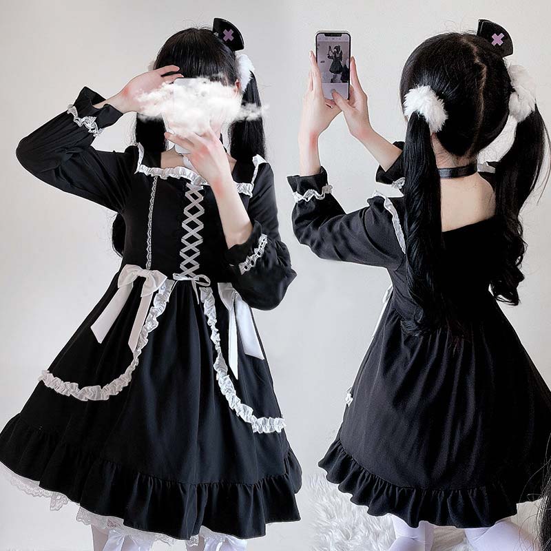 Black Lace Up Lolita Bow-Knot Maid Dress Modakawa