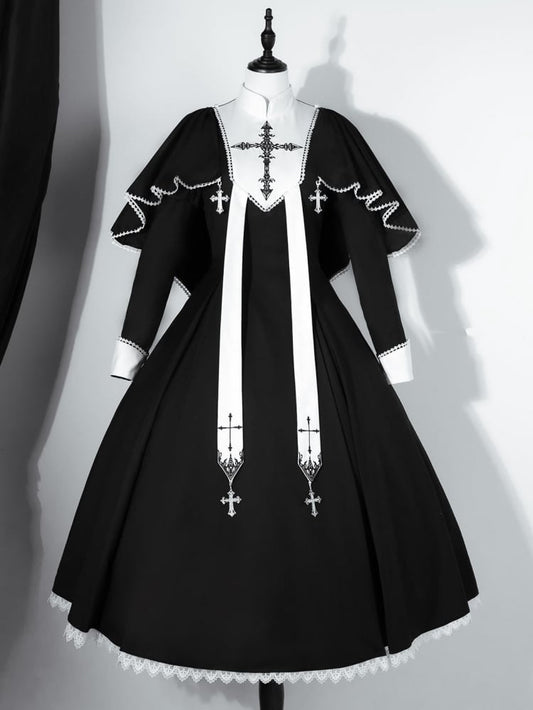 Black White Cross Embroidery Lolita Cape Dress Set mySite