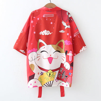 Red Anime Lucky Cat Cardigan Kimono Outerwear modakawa