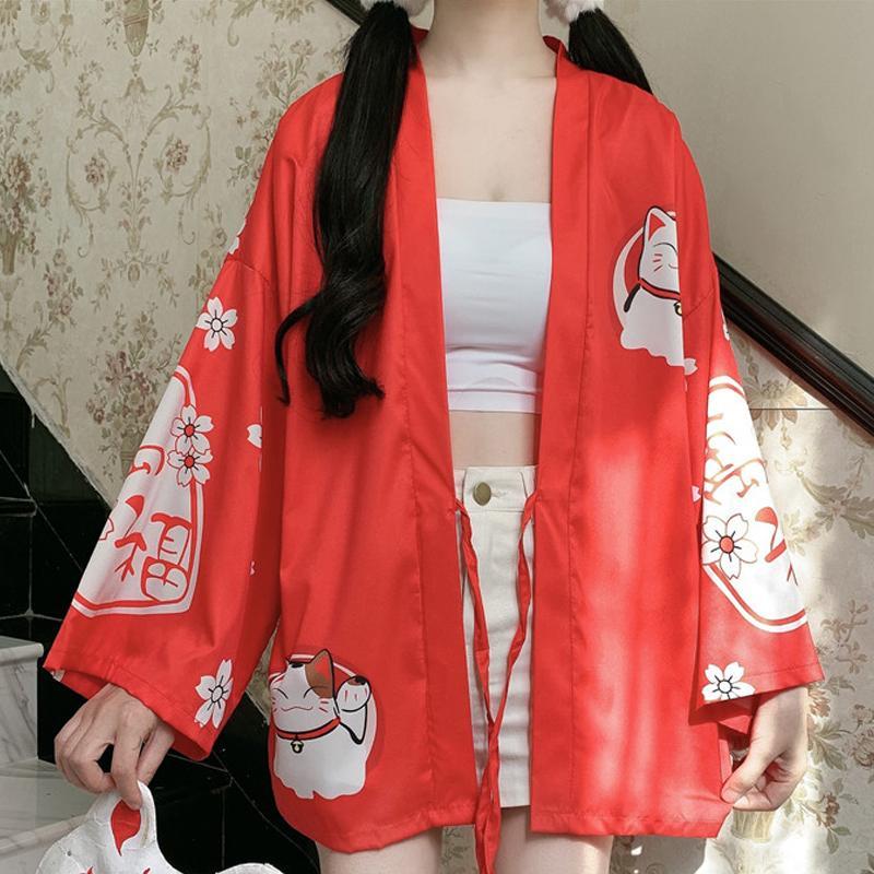 Charming Lucky Cat Sakura Print Loose Outerwear Kimono Modakawa