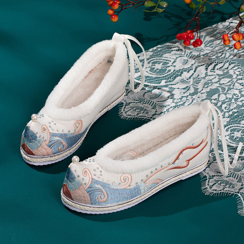 Kawaii Embroidery Wave Pearl Fuzzy Trim Flats Shoes Modakawa