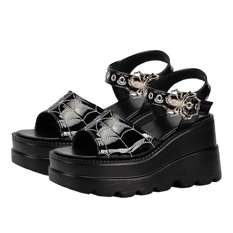 Black Punk Goth Spider Web Buckle Wedge Sandals modakawa