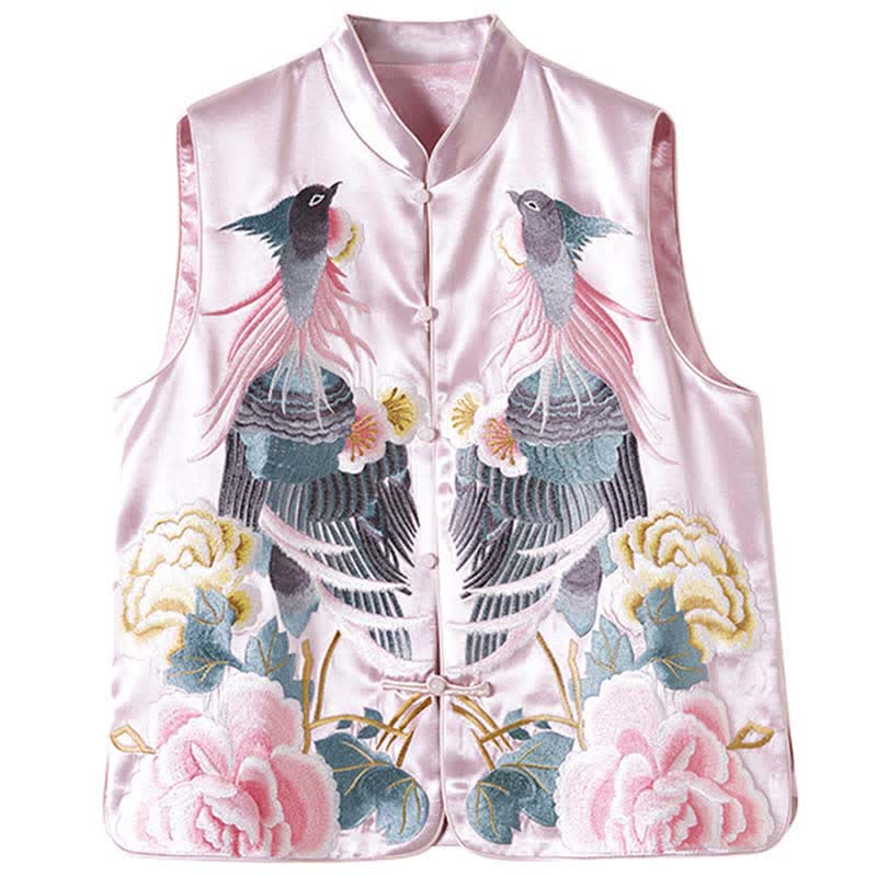 Floral Embroidery Buckle Sleeveless Satin Vest Modakawa