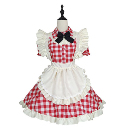 Sweet Bow Knot Ruffled Plaid Maid Dress Modakawa