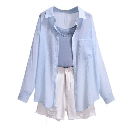 Blue Lapel Shirt Cami Top Ripped Denim Shorts modakawa