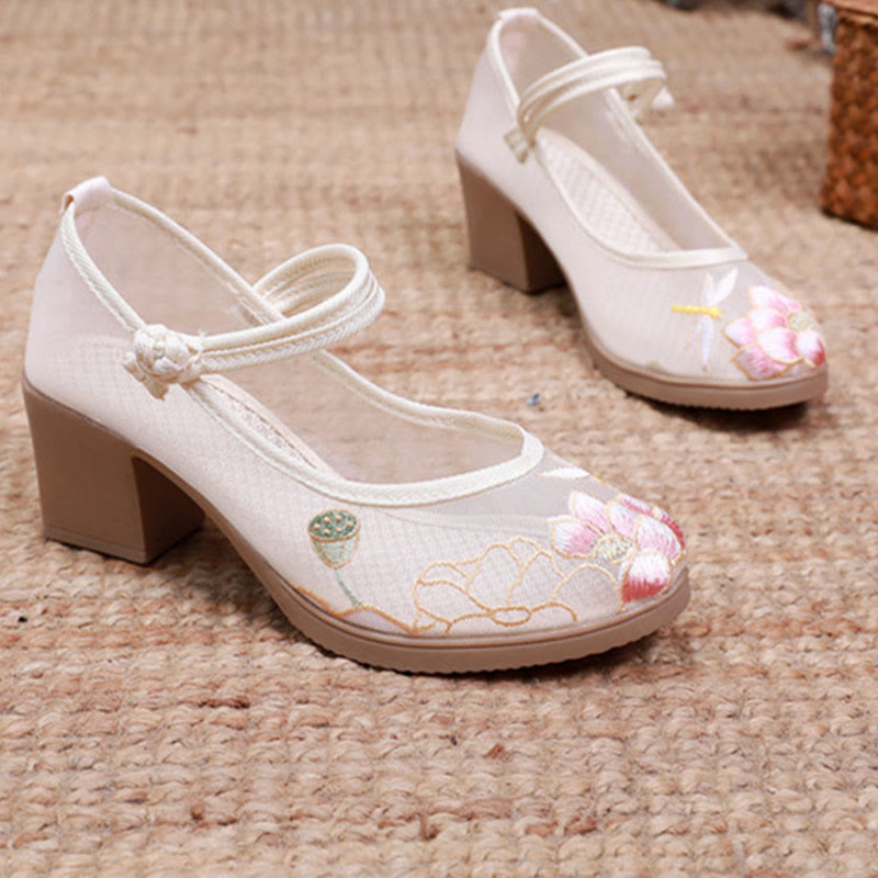 Floral Embroidery Chunky Heel Mesh Shoes modakawa