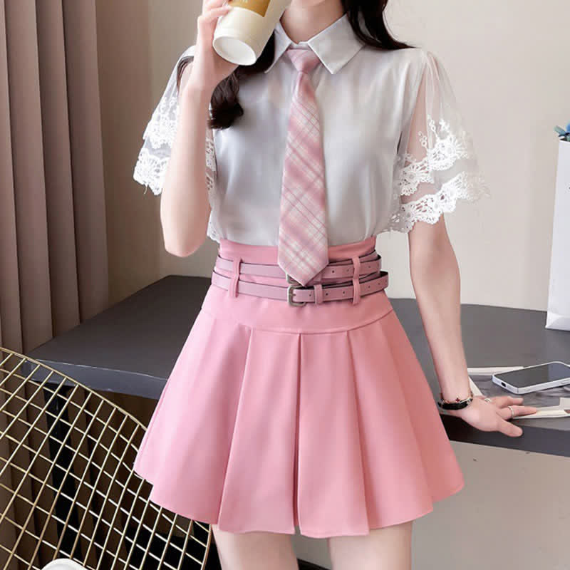 Lace Sleeve Tie T-Shirt Belted Pleated Skirt Set modakawa