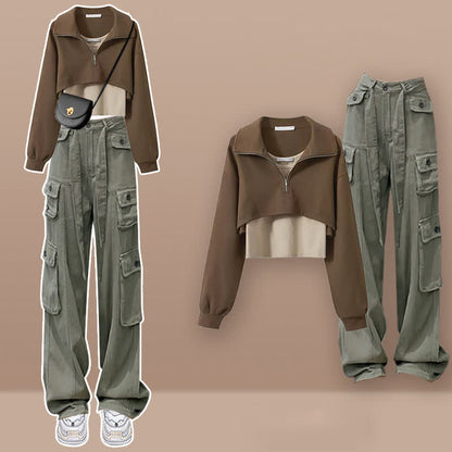 Zipper Lapel T-Shirt Vest Pockets Cargo Pants Set modakawa