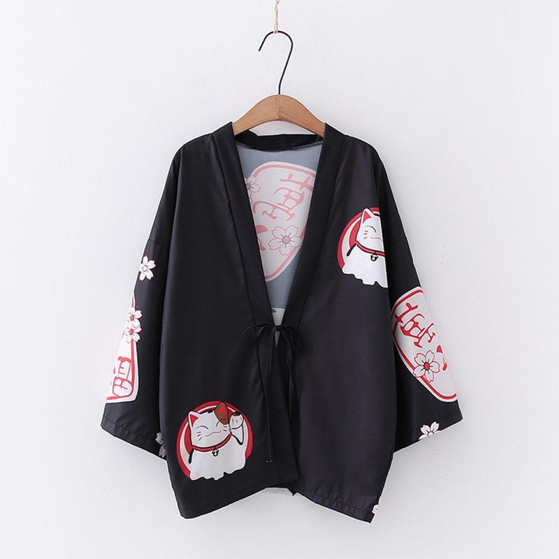 Charming Lucky Cat Sakura Print Loose Outerwear Kimono Modakawa