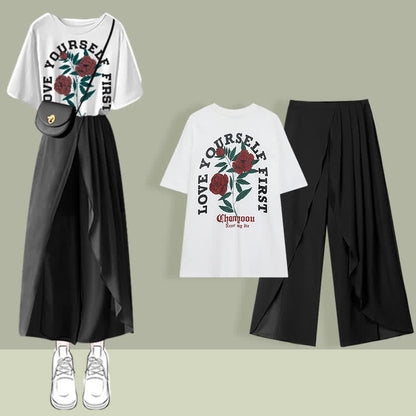 Printed T-Shirt Chiffon Pleated Split Pants Set modakawa