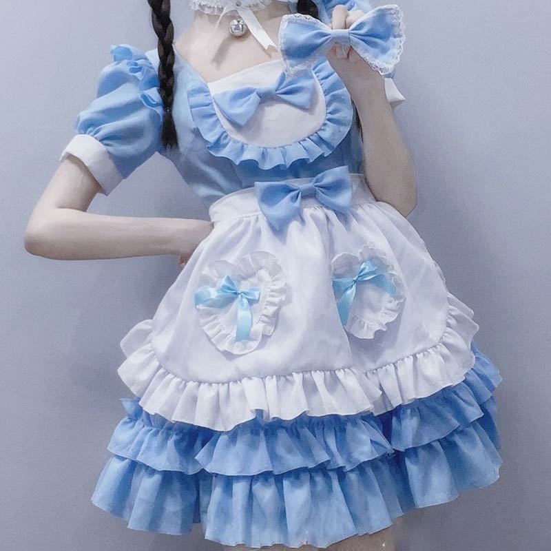 Kawaii Blue Lace Up Bow Maid Lolita Dress Modakawa