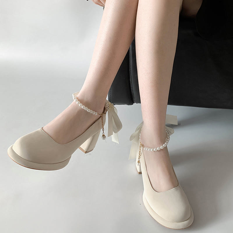 Pearl Buckle Thick Heel Mary Jane Shoes modakawa