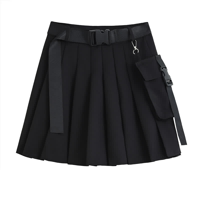 Black Cool Buckle Strap Zipper Crop Top Belted Pleated Skirt modakawa