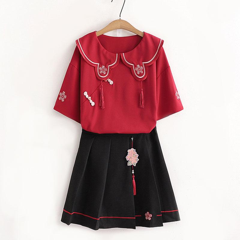 Flower Embroidery Buckle T-Shirt Skirt Set Modakawa