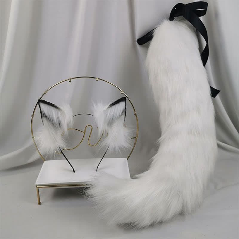 White Furry Fox Ears Tail Headband Accessory Modakawa