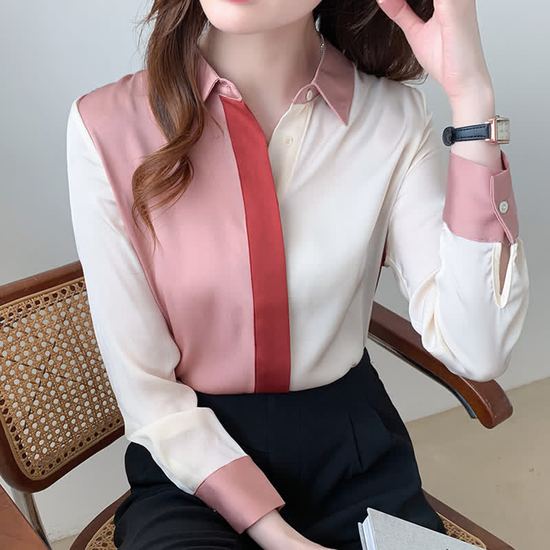 Pink White Colorblock Lapel Shirt Workwear modakawa