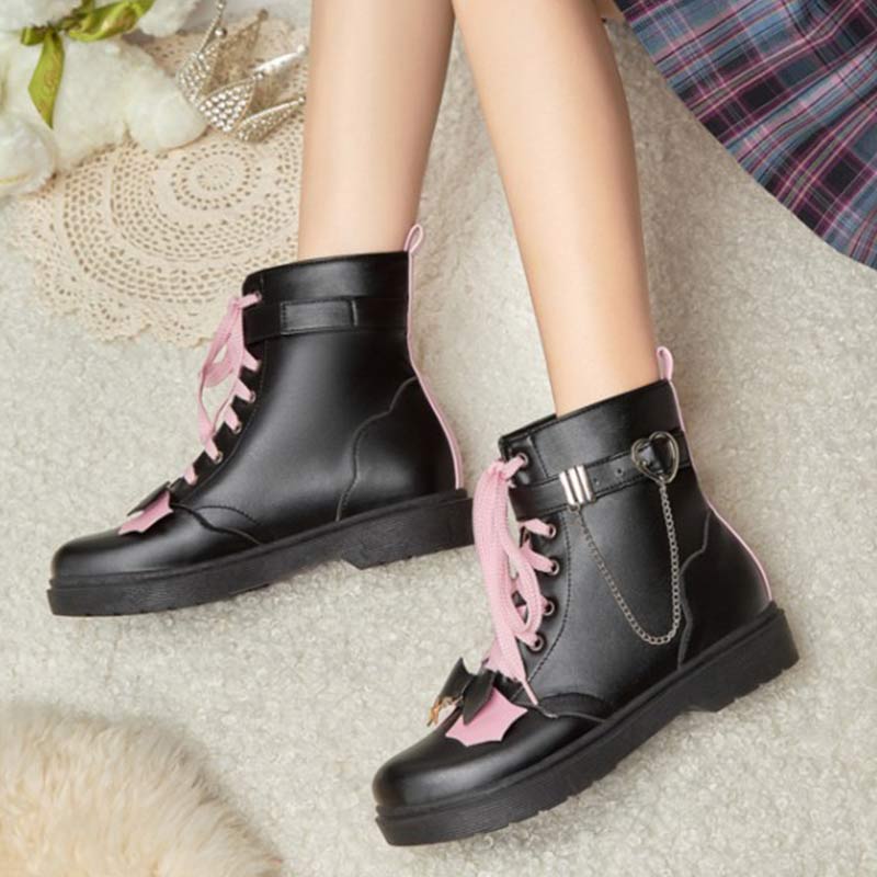 Pink Bow Knot Chain Lace-up Front Boots Modakawa