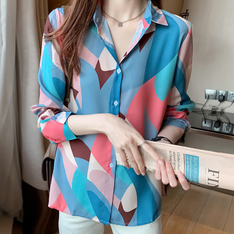 Chic Colorblock Long Sleeve Lapel Shirt modakawa