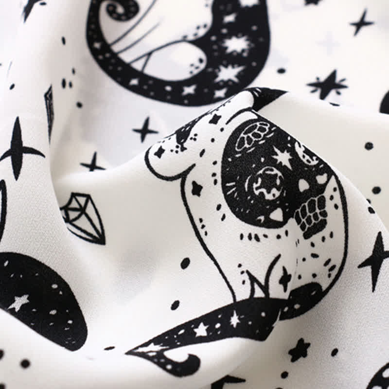 Black White Kitty Print Lapel Chiffon Shirt modakawa