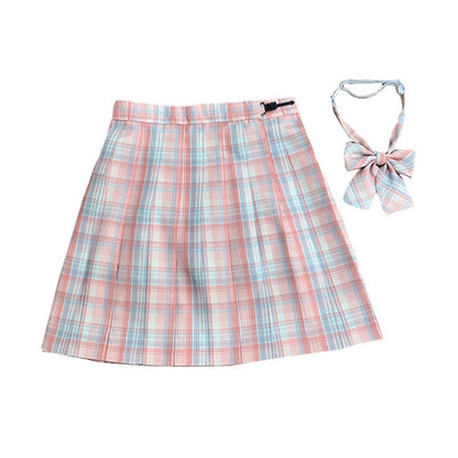 Plaid Print Pleated Skirt Bow Tie Set Modakawa