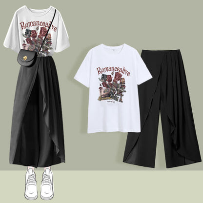 Printed T-Shirt Chiffon Pleated Split Pants Set modakawa