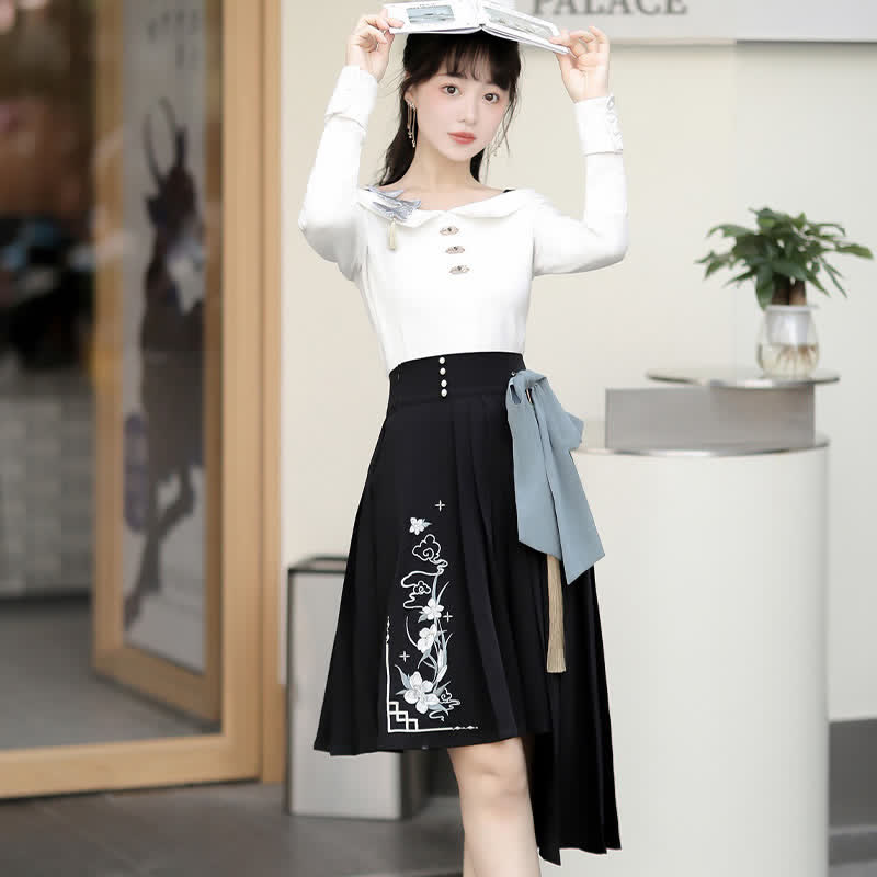 Sweet Embroidery Off The Shoulder Butterfly Shirt Irregualr Bow Pleated Skirt modakawa