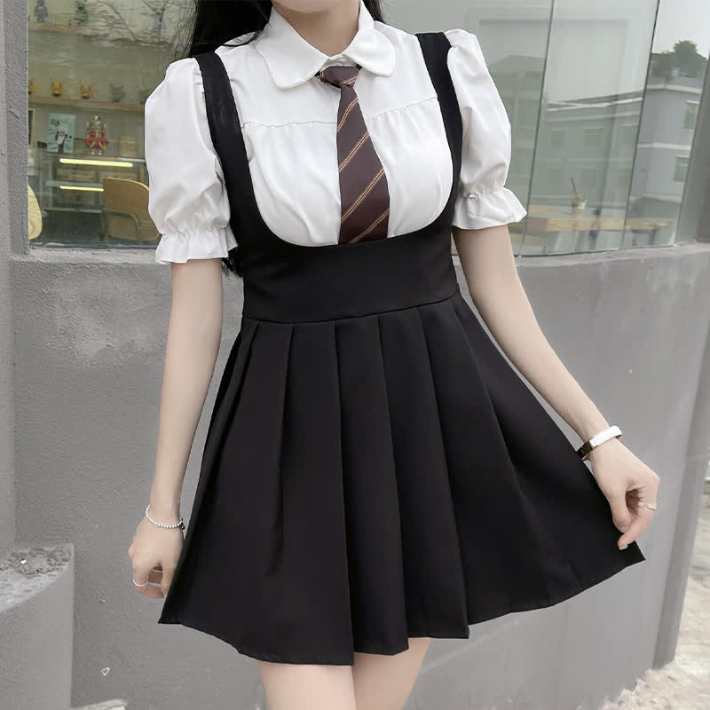 Kawaii Puff Sleeve T-Shirt Tie Pleated Suspender Skirt Set Modakawa