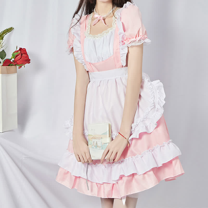 Sweet Cosplay Lace Ruffled Maid Lolita Dress Set Modakawa