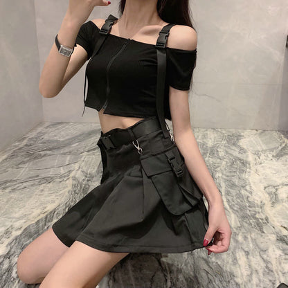 Black Cool Buckle Strap Zipper Crop Top Belted Pleated Skirt modakawa