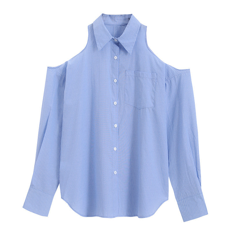 Chic Blue Striped Hollow Out Lapel Shirt Modakawa