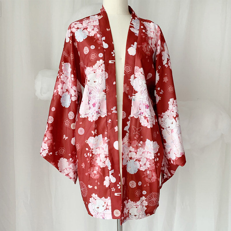 Cat Sakura Print Loose Cardigan Kimono Outerwear modakawa