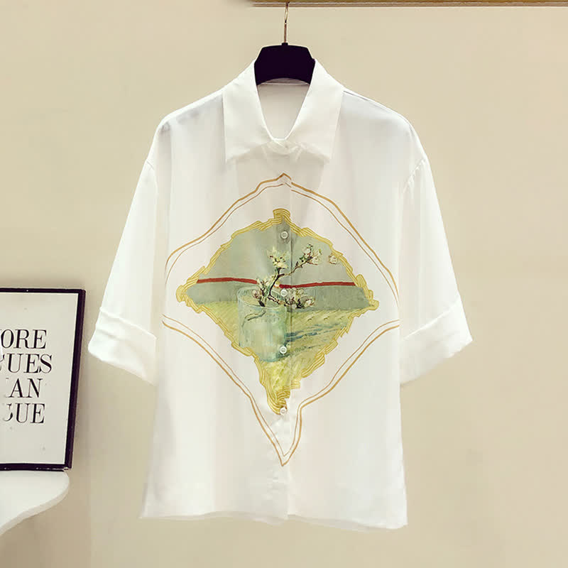 Painting Print Short Sleeve Chiffon Lapel Shirt modakawa