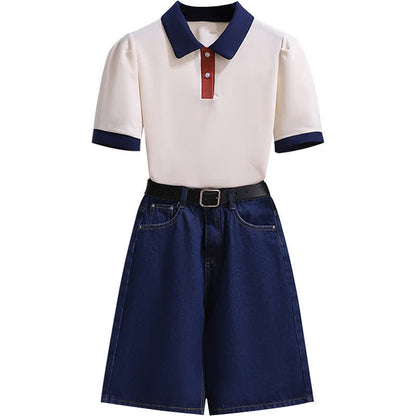 Colorblock Lapel T-Shirt Belted Denim Shorts modakawa