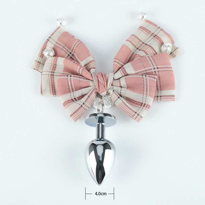 Pink Plaid Bowknot Bell Choker Anal Plug SM Accessories modakawa