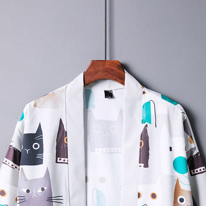 Cartoon White Cat Print Kimono Outerwear modakawa