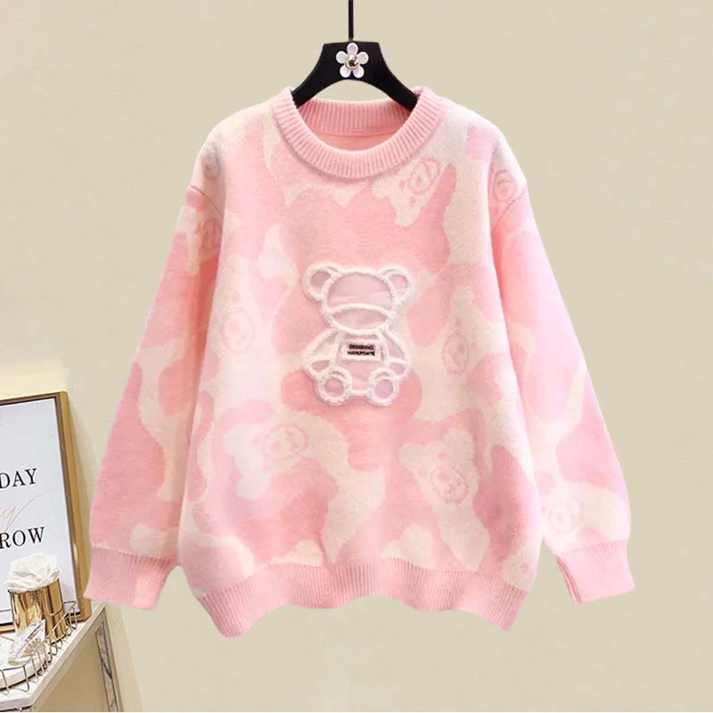 Cartoon Bear Print Sweater Split Skirt Set modakawa