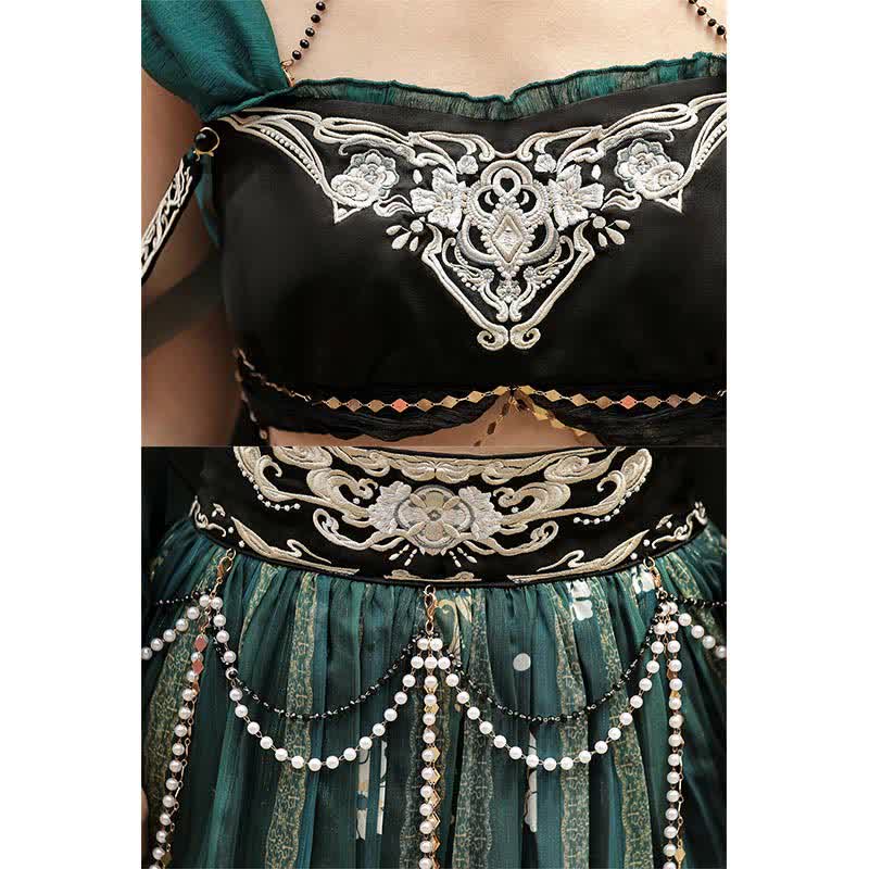 Fascinating  Embroidery Top Pearl Chain Decor High Waist Skirt modakawa