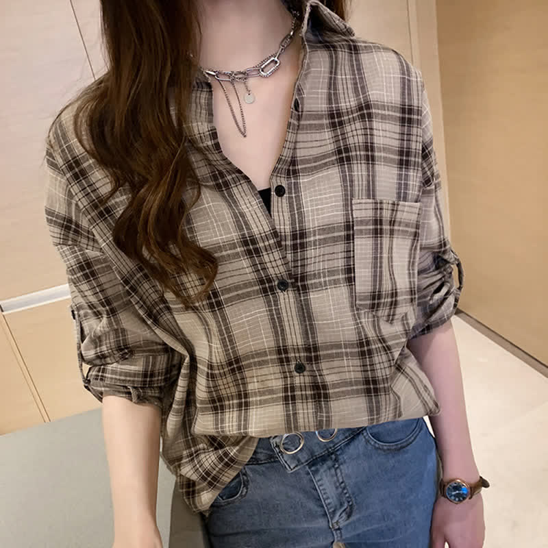 Plaid Print Pocket Lapel Loose Shirt modakawa