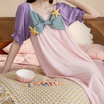 Square Collar Bowknot Mesh Mermaid Nightgown Pajamas Set modakawa