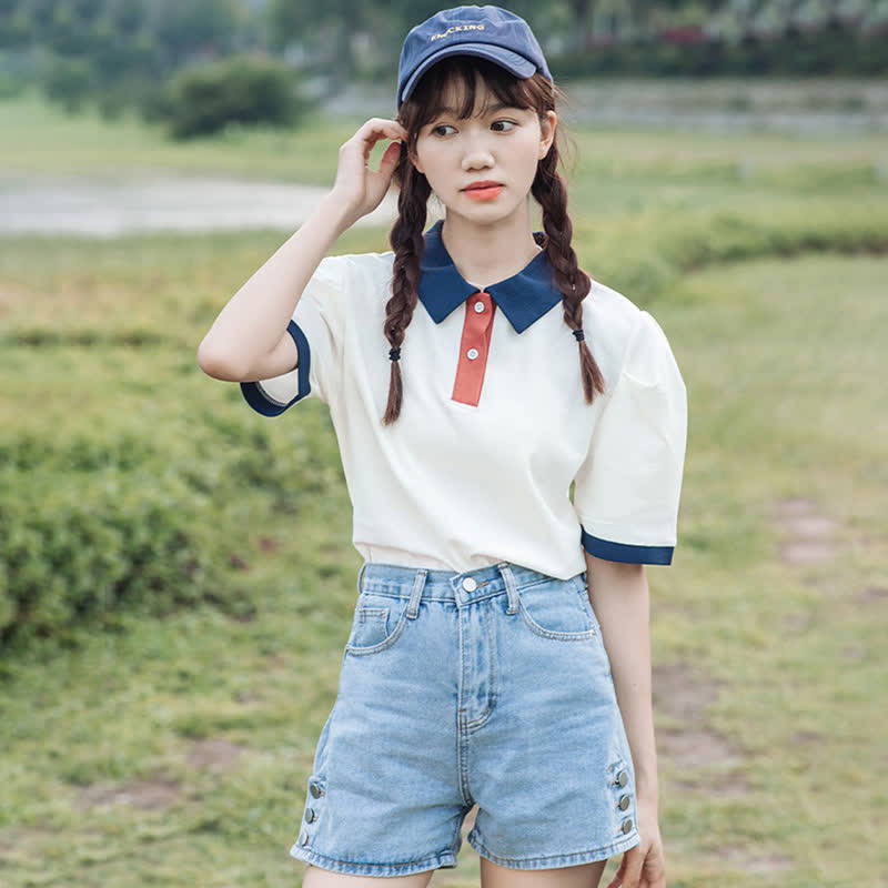 Colorblock Lapel T-Shirt Belted Denim Shorts modakawa