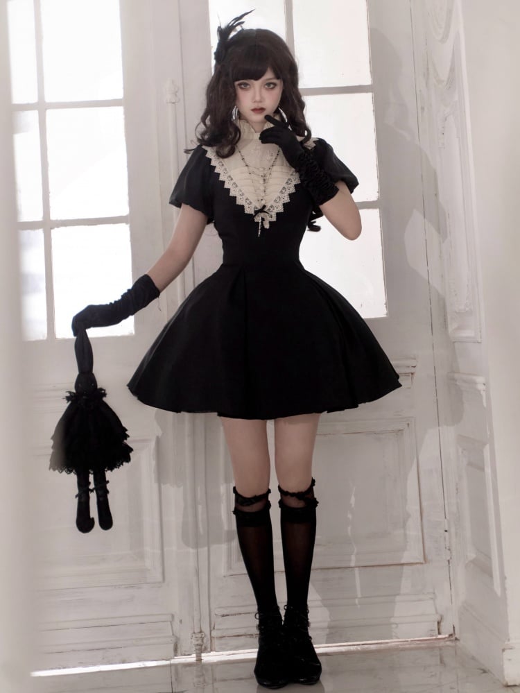 Black Beige Ruffle Banded Collar Lolita Short Dress mySite