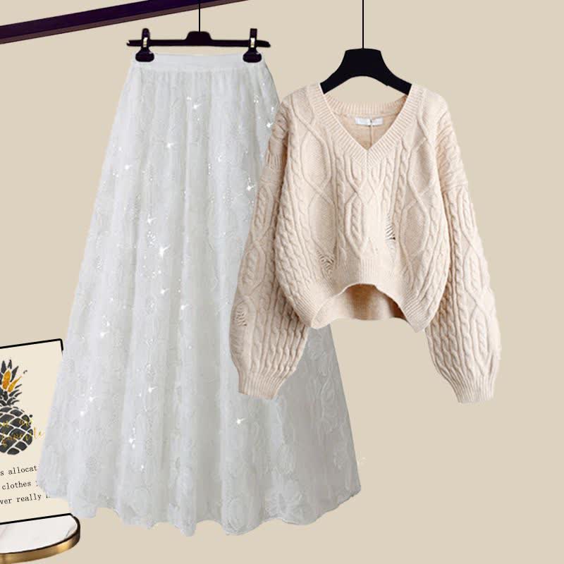 Chic Cable Knit Sweater Flower Pattern Tulle Skirt modakawa