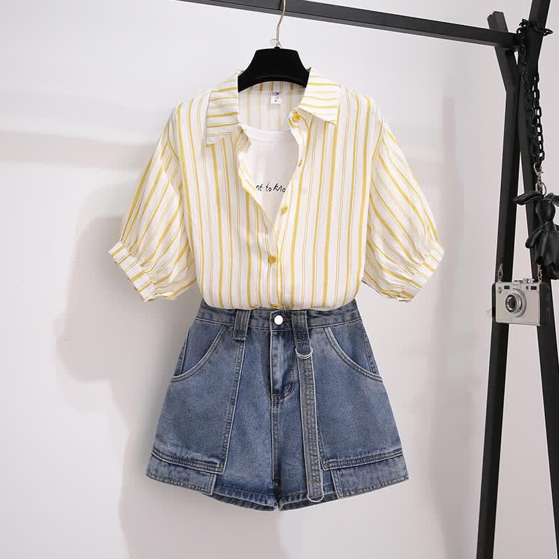 Fake Two Pieces Stripe Lapel T-Shirt Pocketed Denim Shorts modakawa