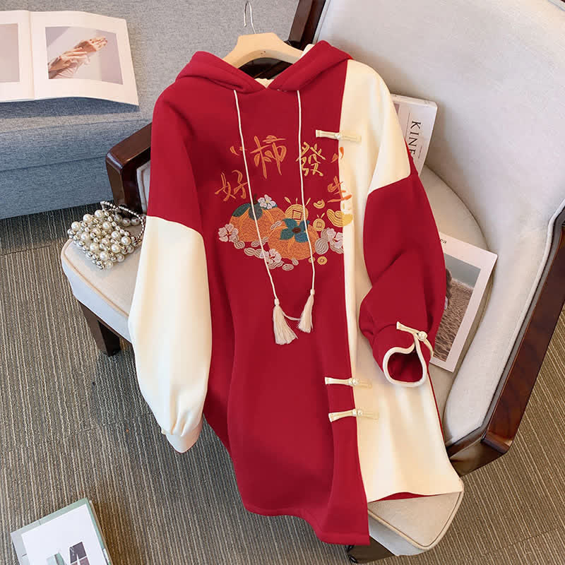 Vintage Persimmon Embroidery Plush Hooded Sweatshirt Dress