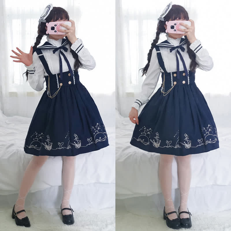 Sailor Collar Shirt Cartoon Dolphin Print Suspender Skirt modakawa