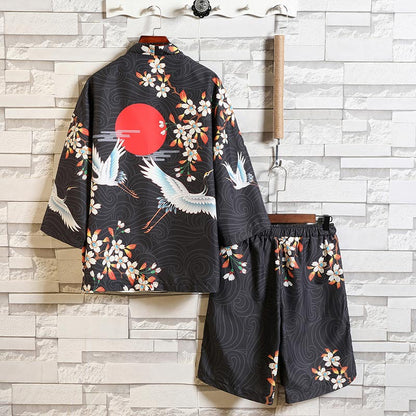 Floral Crane Sun Cardigan Kimono Outerwear Shorts Set Modakawa