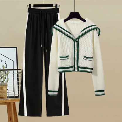 Sailor Collar Cable Sweater Casual Pants Pleated Skirt Set Modakawa