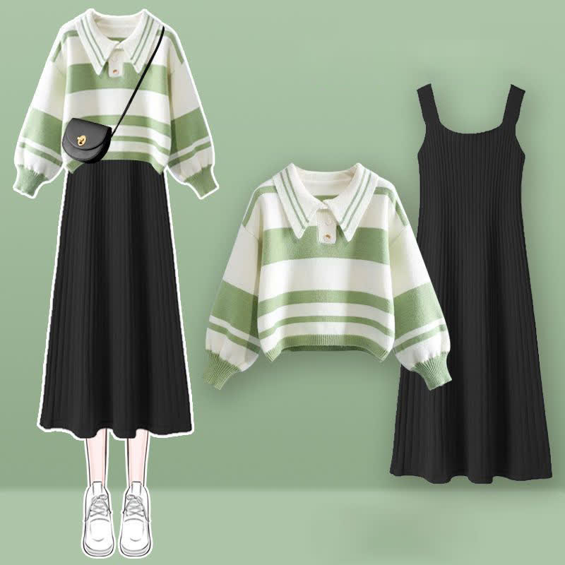 Stripe Green Colorblock Sweater Slip Dres Set modakawa